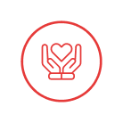 Red outline icon of two hands cupping a heart, enclosed within a red circle on a light gray background, symbolizing care, support, or compassion—perfect for representing home care services.