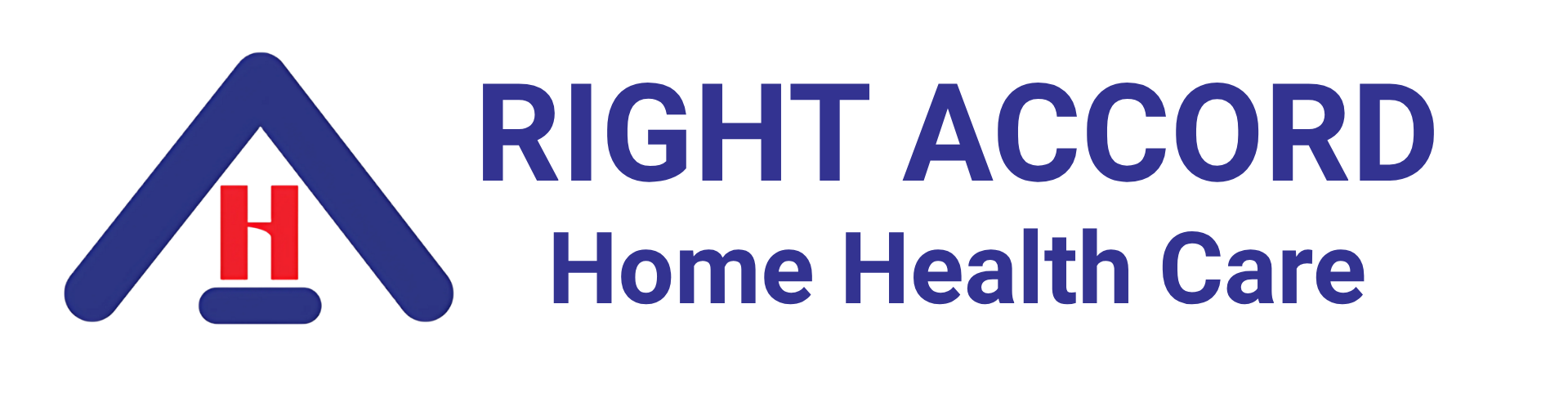 Logo for RIGHT ACCORD Home Health Care, featuring a blue triangular house shape with a red letter H inside, next to the company name in blue text.