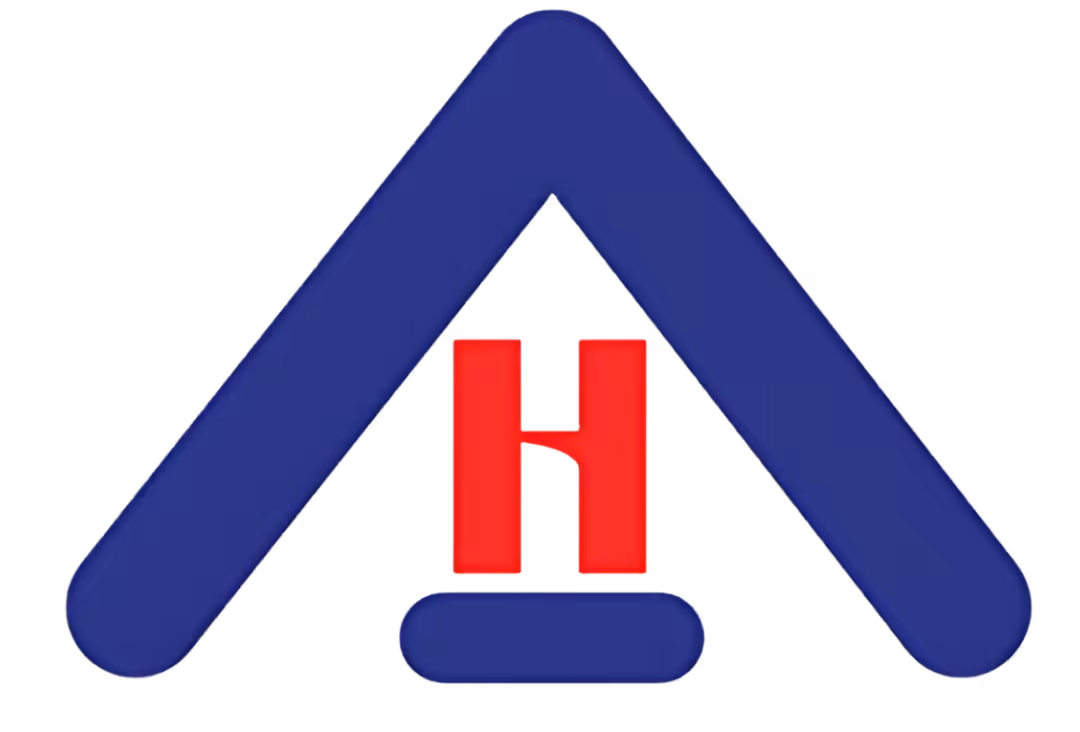 A blue triangle with rounded edges points upward, enclosing a red capital letter H above a short blue horizontal bar, all on a white background.