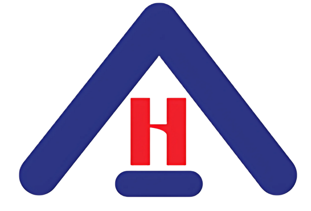 A blue triangle with rounded edges points upward, enclosing a red capital letter H above a short blue horizontal bar, all on a white background.