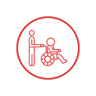 Red outline icon depicting home care: a person pushing another in a wheelchair, both shown as simple stick figures, enclosed in a red circle on a light background.