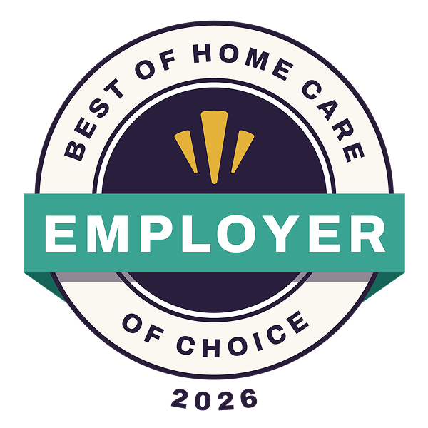 Circular badge featuring Best of Home Care Employer of Choice 2026 text, a teal banner reading EMPLOYER across the center, and three gold shapes above the banner on a dark background. Perfect for recognizing excellence in home care.