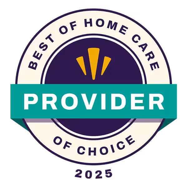 A circular home care badge with the text Best of Home Care Provider of Choice 2025, featuring a green banner across the middle that says Provider and yellow rays above the banner.