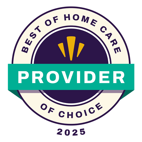 A circular home care badge with the text Best of Home Care Provider of Choice 2025, featuring a green banner across the middle that says Provider and yellow rays above the banner.