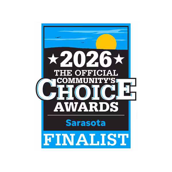 A rectangular badge with a sun over hills, text reads 2026 The Official Communitys Choice Awards Sarasota Finalist in white and blue on a black background—a mark of excellence for home care providers.